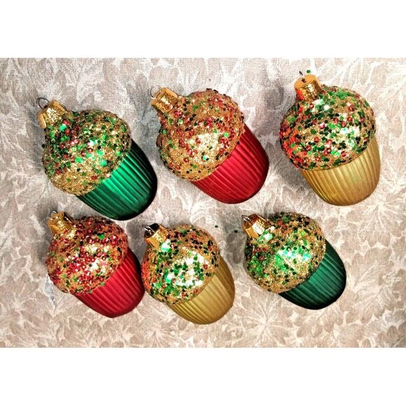 6 Vintage Christmas Glass Ornaments Acorns w/glitter sequins Commodore red gold - Picture 3 of 5